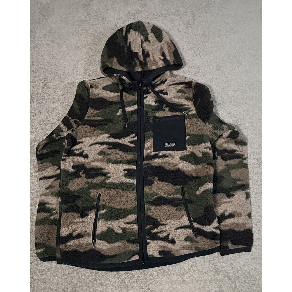 Hollister Jacket Mens Large Green Camo Sherpa Fleece Hooded Full Zip Pockets